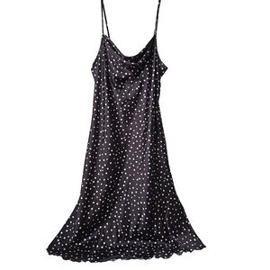 BEBE Slip Dress Satin Polka Dot LARGE Dip Cowl Y2K Sexy Party Black Spaghetti